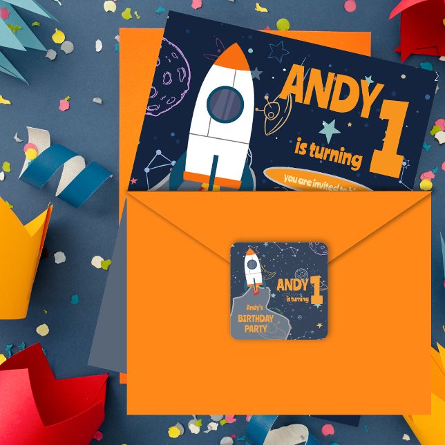 Gender Neutral Outer Space First Birthday Party Square Sticker (Gender Neutral Outer Space First Birthday Party Square Sticker)