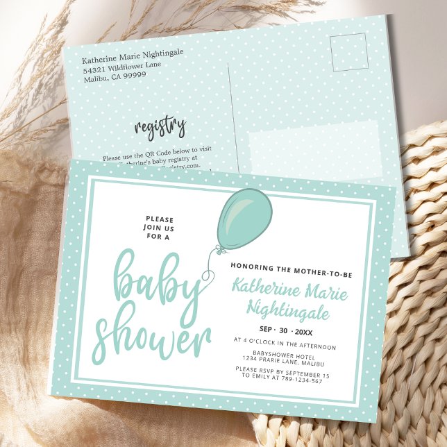 Gender Neutral Pastel Green Baby Shower Invitation Postcard (Mint Green Gender Neutral Baby Shower Invitation Postcard with Polka Dots, Balloon, Registry.)