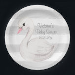 Gender Neutral Personalised Baby Shower  Paper Plate<br><div class="desc">Cute grey gender neutral swan watercolor stripe baby shower paper plate. Add name and date of shower to personalise.</div>