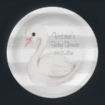 Gender Neutral Personalised Baby Shower  Paper Plate<br><div class="desc">Cute grey gender neutral swan watercolor stripe baby shower paper plate. Add name and date of shower to personalise.</div>