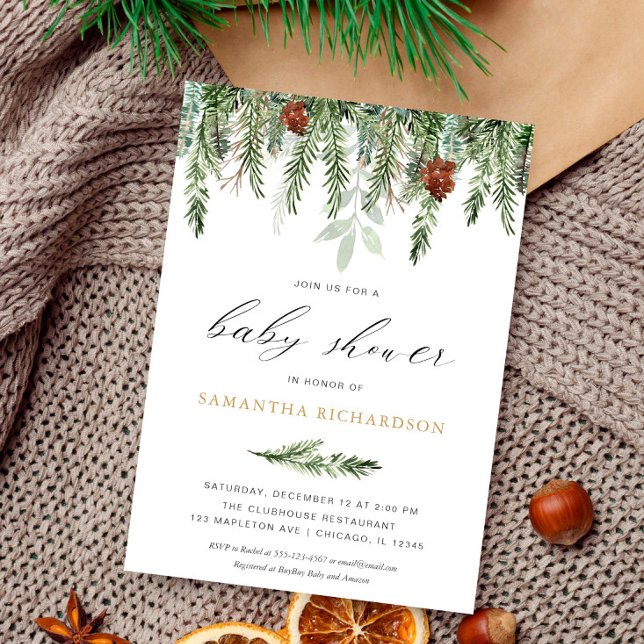 Gender neutral pine tree winter baby shower invitation (Creator Uploaded)