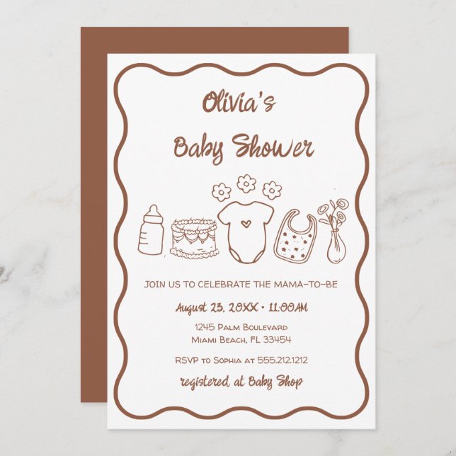 gender Neutral Quirky Wavy Hand Drawn  Baby Shower Invitation (Front/Back)