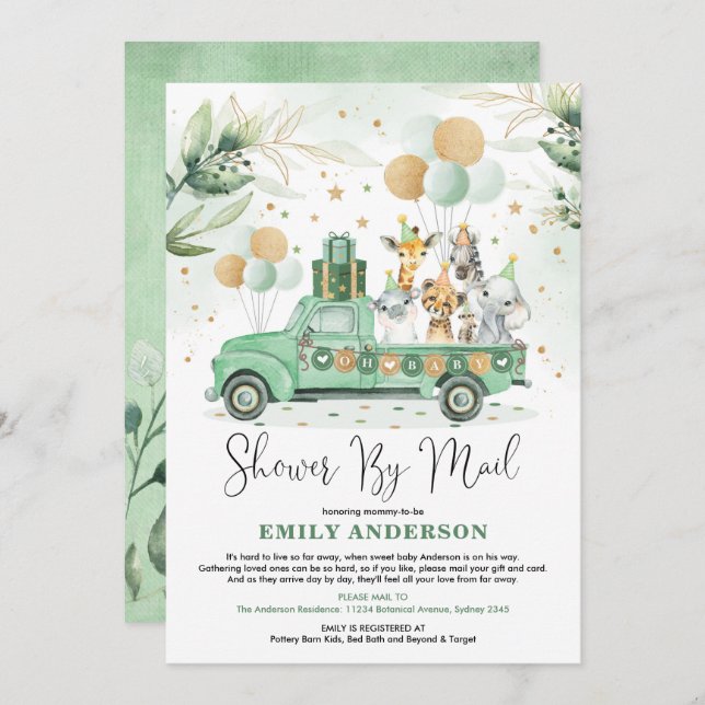 Gender Neutral Safari Animals Baby Shower By Mail Invitation (Front/Back)