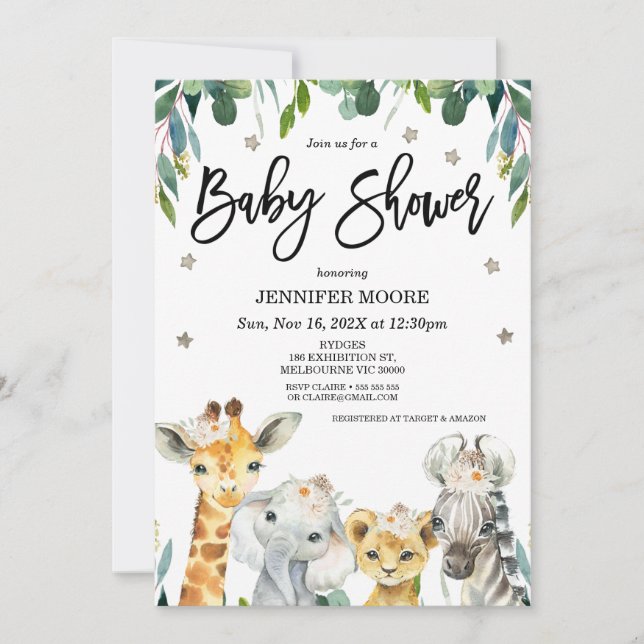Gender Neutral Safari Foliage Stars Baby Shower Invitation (Front)