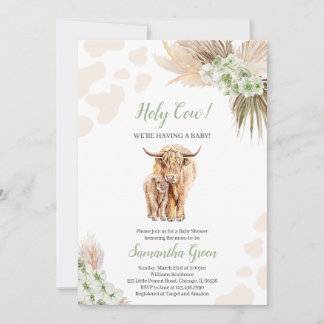 Gender Neutral Sage Green Highland Cow Baby Shower Invitation