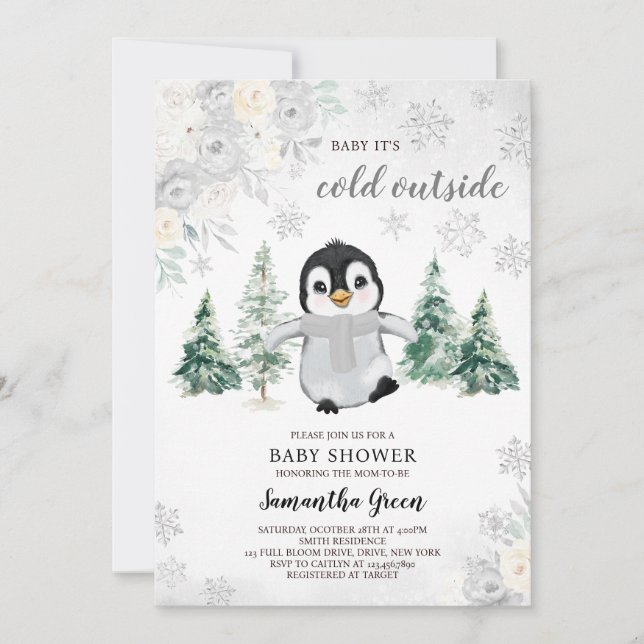 Gender Neutral Silver Penguin Baby Shower Invitation (Front)