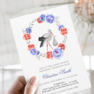 Gender Neutral Stork Blue Red Floral Baby Shower I Invitation