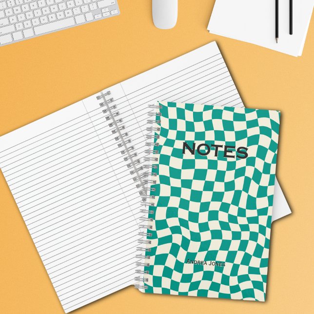 Gender Neutral Teal Wavy Check Monogrammed Name Notebook (Creator Uploaded)