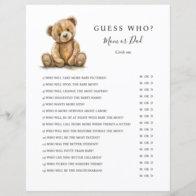 Gender Neutral Teddy Bear Baby Shower Game (Front)
