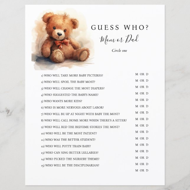 Gender Neutral Teddy Bear Baby Shower Game (Front)