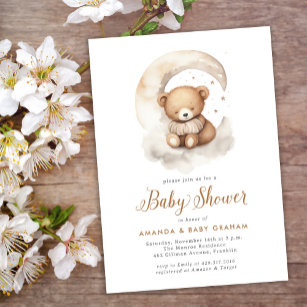 Gender Neutral Teddy Bear Moon Stars Baby Shower Invitation