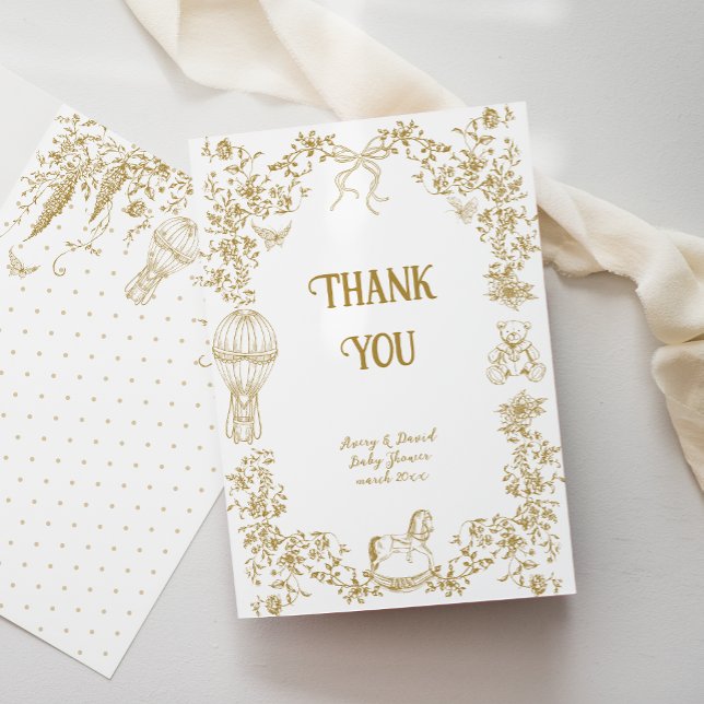 Gender Neutral Toile Whimsical Floral Baby Shower Thank You Card (Creator Uploaded)