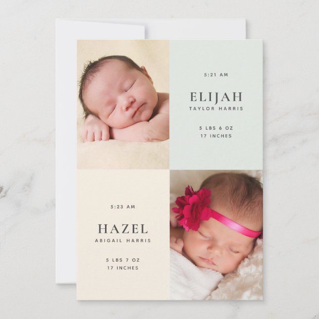 Gender Neutral Twins 2-Sided Photo Birth Announcement (Front)
