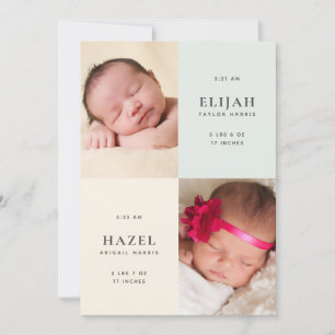 Gender Neutral Twins 2-Sided Photo Birth Announcement