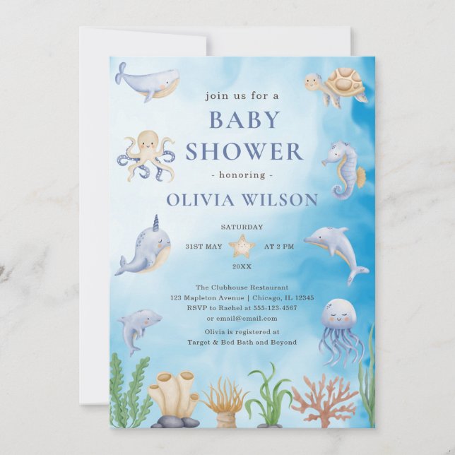 Gender Neutral Under The Sea Animals Baby Shower Invitation (Front)