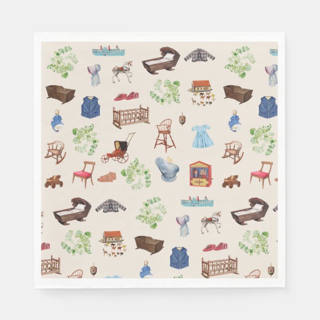 Gender Neutral Vintage Baby Nursery Toys Pattern Napkin (Front)