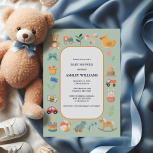 Gender Neutral Vintage Toys Green Baby Shower Invitation