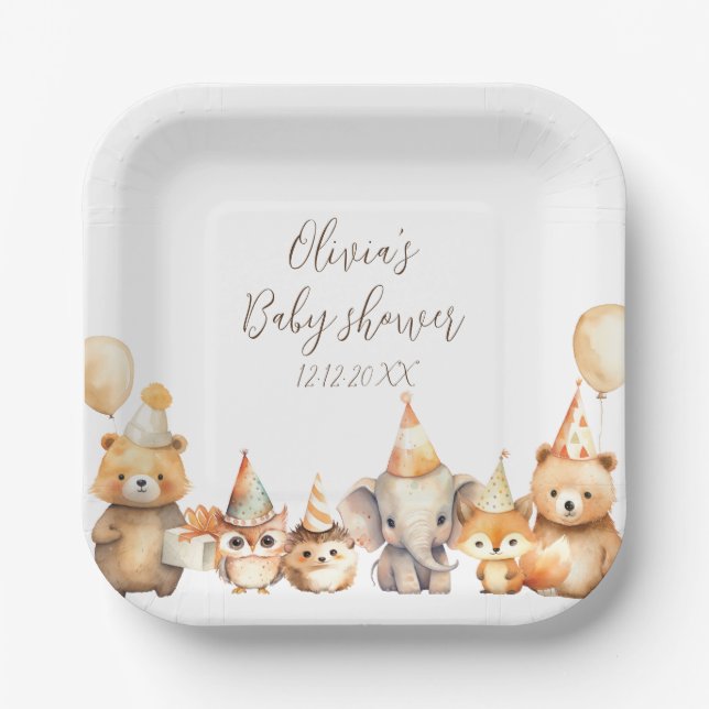 Gender neutral Watercolor Animals baby shower Paper Plate (Front)