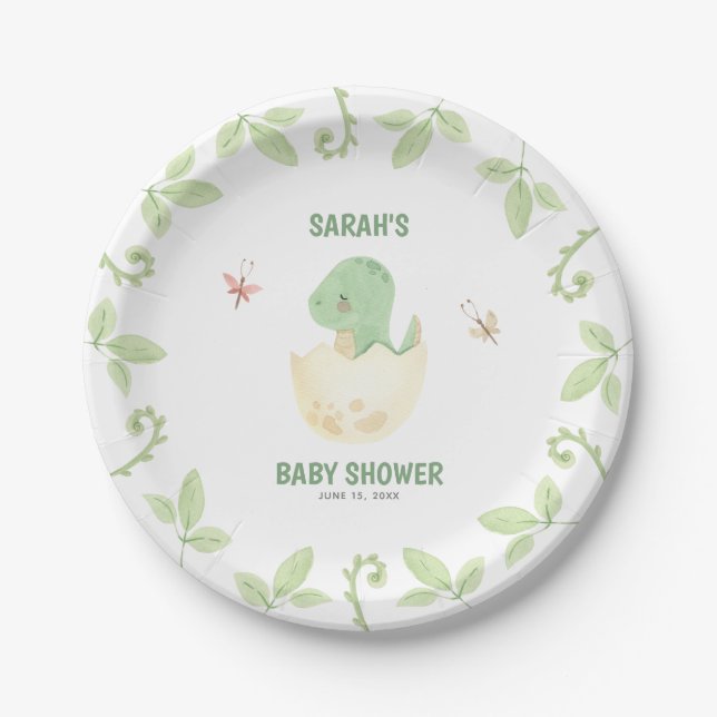 Gender Neutral Watercolor Dinosaur Baby Shower Paper Plate (Front)