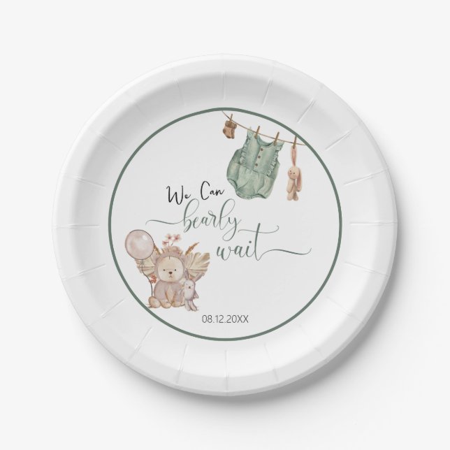 Gender Neutral We Can Bearly Wait Baby Shower Paper Plate (Front)