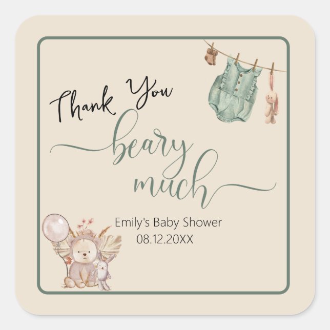 Gender Neutral We Can Bearly Wait Baby Shower Square Sticker (Front)