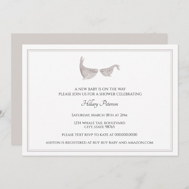 Gender Neutral Whale Watercolor baby Shower Invitation (Front/Back)