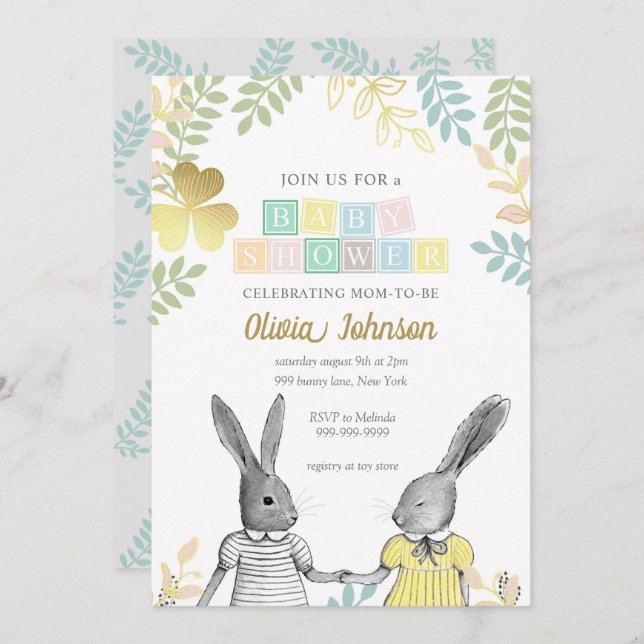 Gender Neutral Whimsical Rustic Bunny Baby Shower  Invitation (Front/Back)