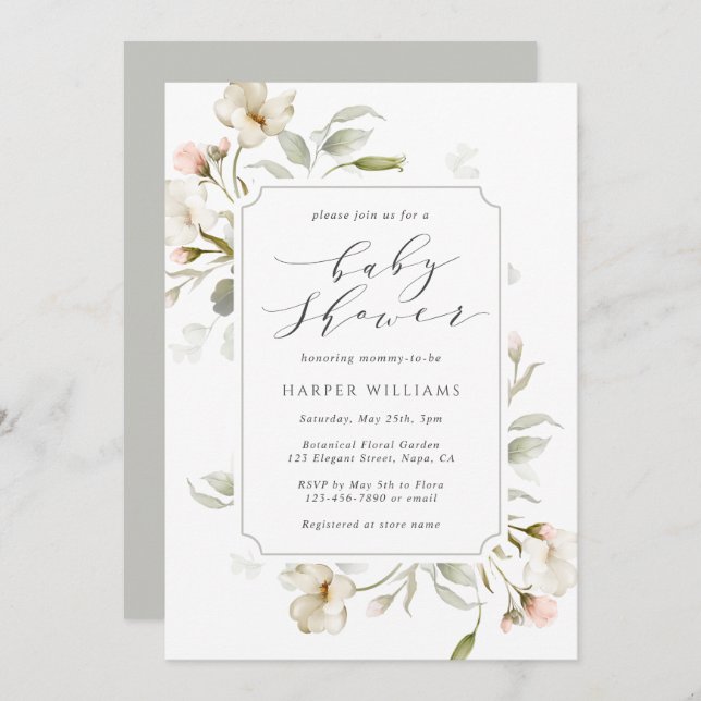 Gender Neutral White Sage Grey Floral Baby Shower Invitation (Front/Back)