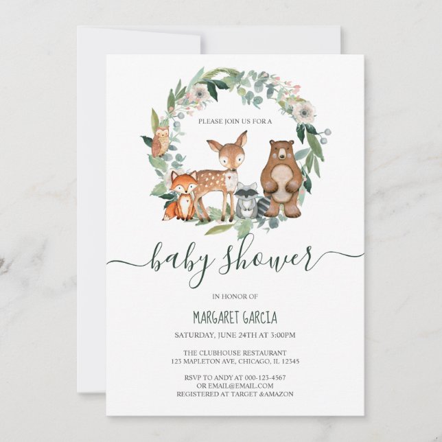 Gender Neutral Woodland Animals Baby Shower Invitation (Front)