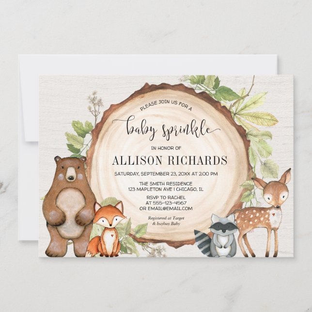 Gender neutral woodland animals baby sprinkle invitation (Front)