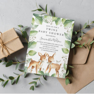 Gender Neutral Woodland Deer Twins Baby Shower Invitation