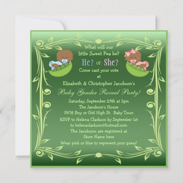Gender Reveal African American Babies in Pea Pods Invitation (Front)