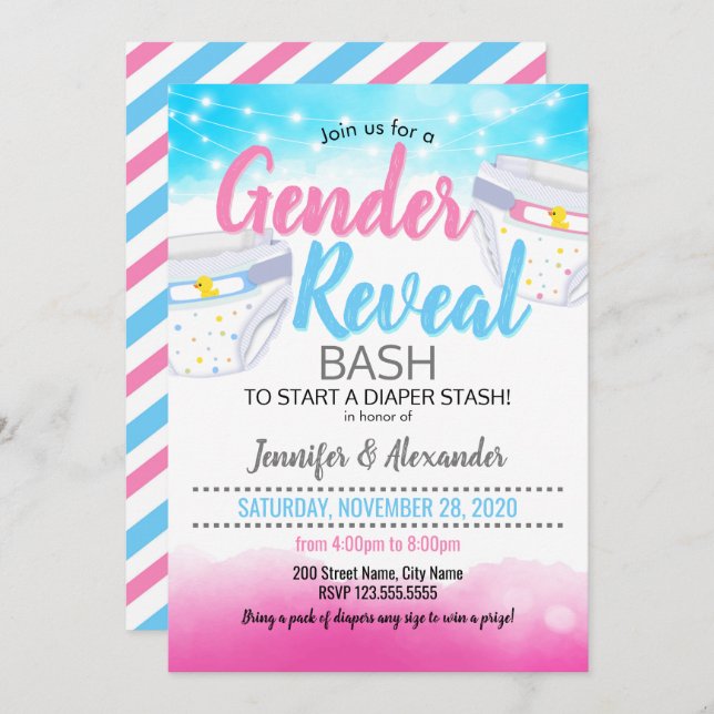 Gender Reveal and diaper shower Invitation (Front/Back)