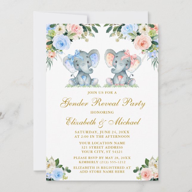 Gender Reveal Baby Elephants Pink Blue Floral Gold Invitation (Front)