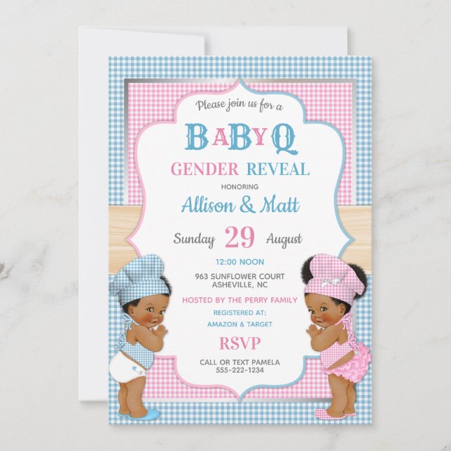 Gender Reveal Baby Q BBQ Pink Blue Gingham Invitation (Front)