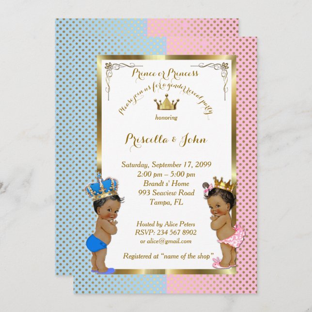 Gender Reveal Baby Shower, blue, pink, gold 2 Invitation (Front/Back)