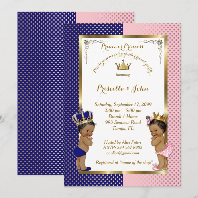 Gender Reveal Baby Shower, blue, pink, gold Invitation (Front/Back)