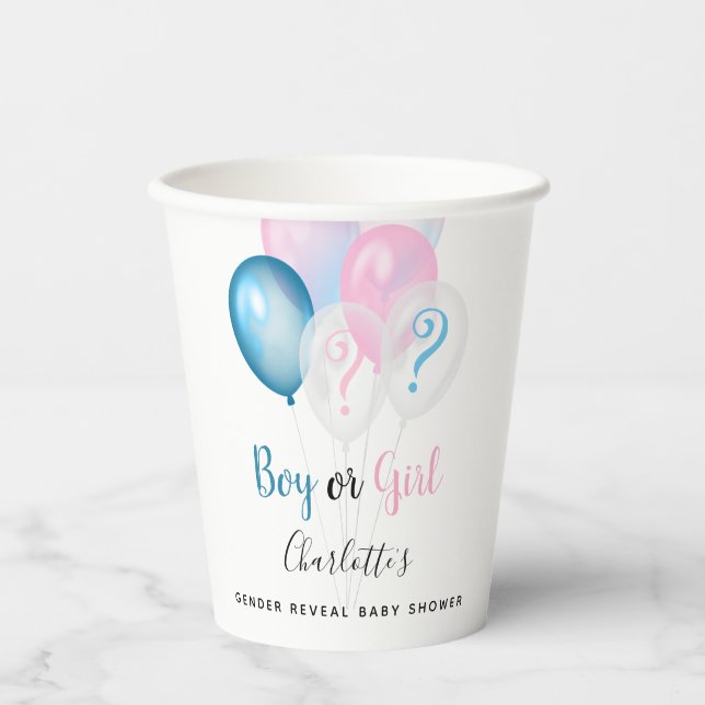 Gender reveal baby shower boy girl blue pink white paper cups (Front)