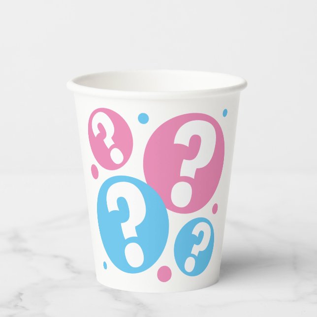 Gender reveal baby shower boy girl question mark paper cups (Front)