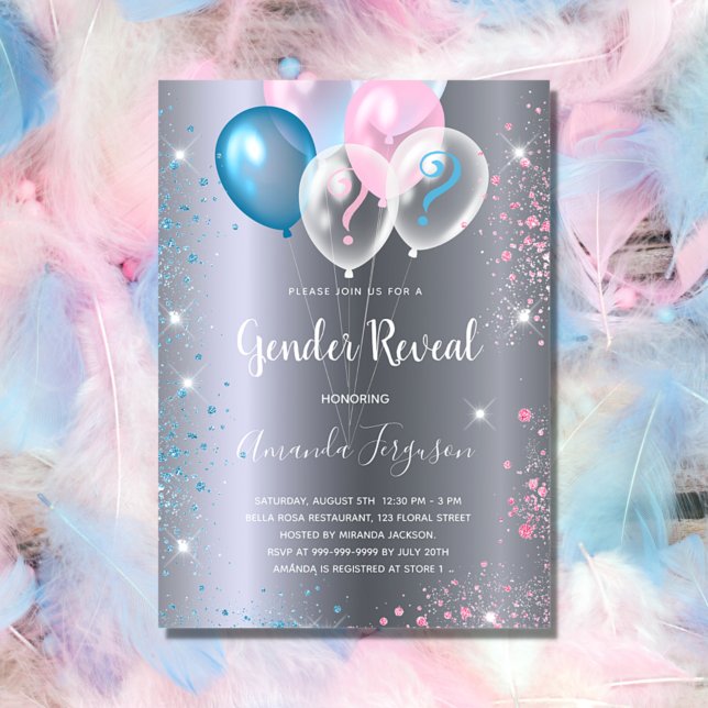 Gender reveal baby shower boy girl silver invitation postcard (Creator Uploaded)