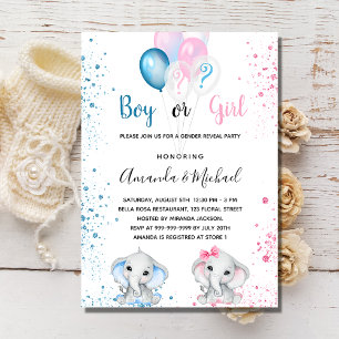 Gender reveal baby shower elephants blue pink invitation