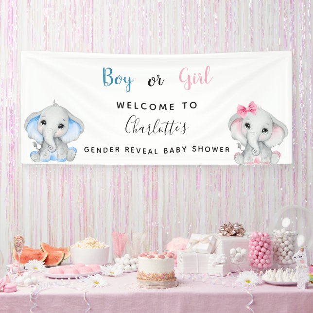 Gender reveal baby shower elephants boy girl banner (Party)