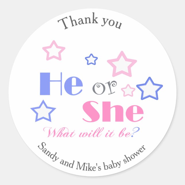 Gender reveal baby shower he or she baby shower classic round sticker (Front)