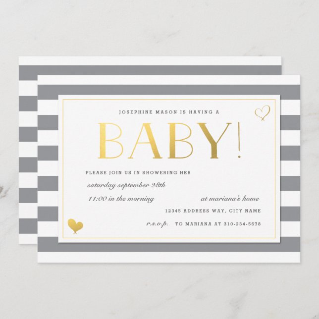 Gender Reveal Baby Shower in Grey & Faux Gold Invitation (Front/Back)