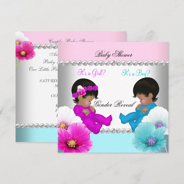 Gender Reveal Baby Shower Pink Teal Blue Flowers Invitation (Front/Back)