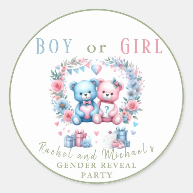 Gender reveal baby shower Teddy Bear blue pink 3 - Classic Round Sticker (Front)