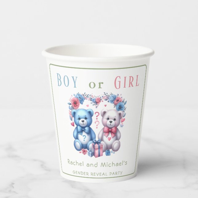Gender reveal baby shower Teddy Bear blue pink 4 - Paper Cups (Front)
