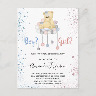 Gender reveal baby shower teddy bear blue pink invitation postcard