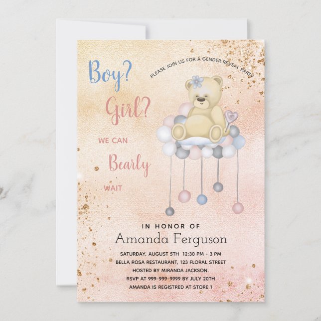 Gender reveal baby shower teddy bear boy girl invitation (Front)