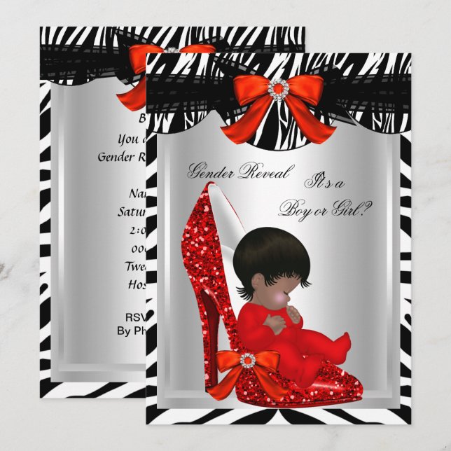 Gender Reveal Baby Shower Zebra Red Baby Shoe Invitation (Front/Back)